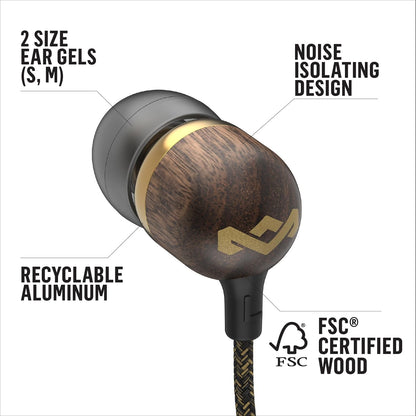 Smile Jamaica AUX Wired Earbuds with Microphone, Noise-Isolating In-Ear Headphones, Tangle-Resistant Cable, 3.5Mm Jack Sustainable (Brass)
